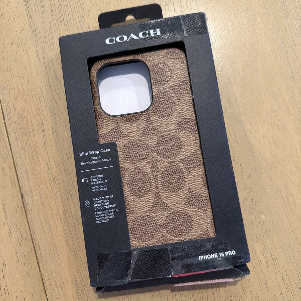 COACH iPhone 15 Pro Case Brown Signature Canvas Smartphone Cover New Open Box
